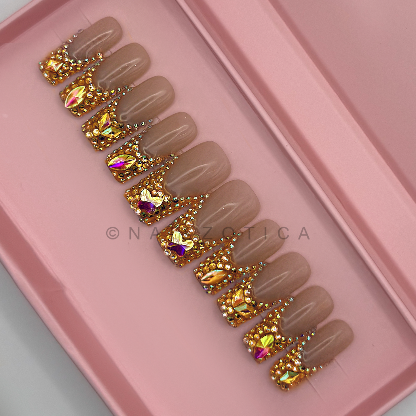 Sparkly French - Medium Length 35mm Square Shape Silver Gold Rhinestone French Tip Nude Transparent Natural Base Reusable Acrylic Gel UV Hand-Painted High Quality  Handmade Luxury Press On Nails