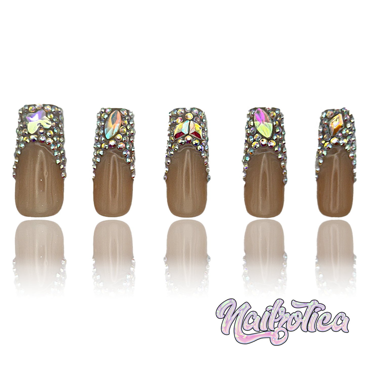 Sparkly French - Medium Length 35mm Square Shape Silver Gold Rhinestone French Tip Nude Transparent Natural Base Reusable Acrylic Gel UV Hand-Painted High Quality  Handmade Luxury Press On Nails (Custom)