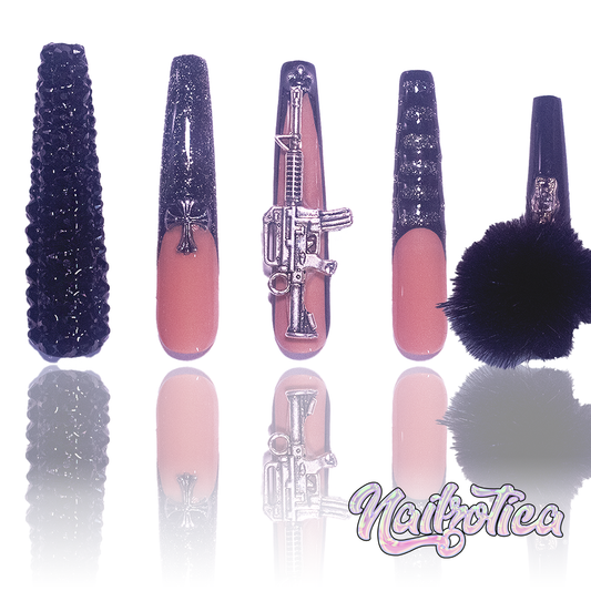 Style Killa - Extra Long Length 55mm Ballerina Shape Silver Glitter Embossed Croc Print Black Rhinestone Cross Gun Teddy Bear Removable Magnetic Pom-Pom Reusable Acrylic Gel UV Hand-Painted High Quality Handmade Luxury Press On Nails (Custom)