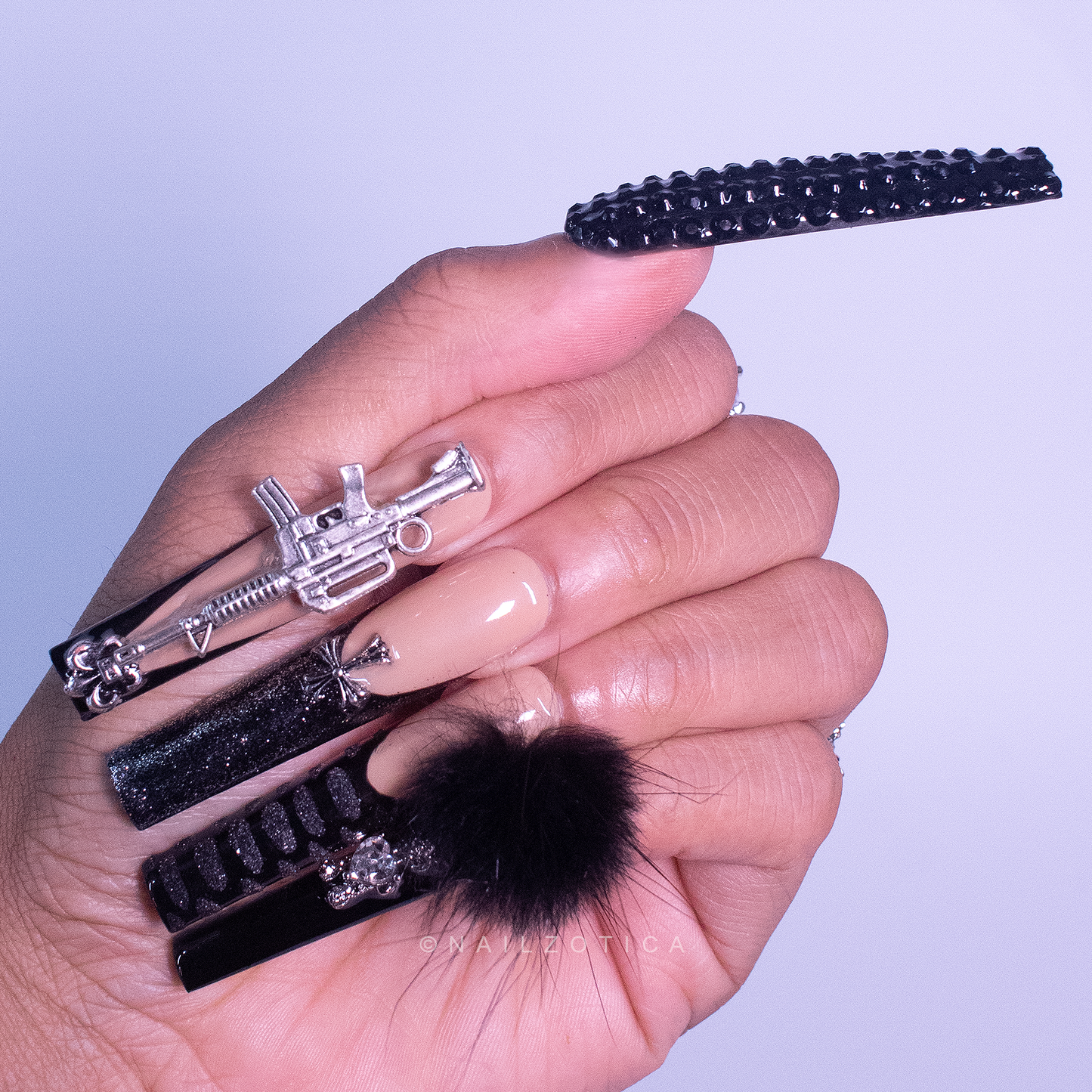 Style Killa - Extra Long Length 55mm Ballerina Shape Silver Glitter Embossed Croc Print Black Rhinestone Cross Gun Teddy Bear Removable Magnetic Pom-Pom Reusable Acrylic Gel UV Hand-Painted High Quality Handmade Luxury Press On Nails