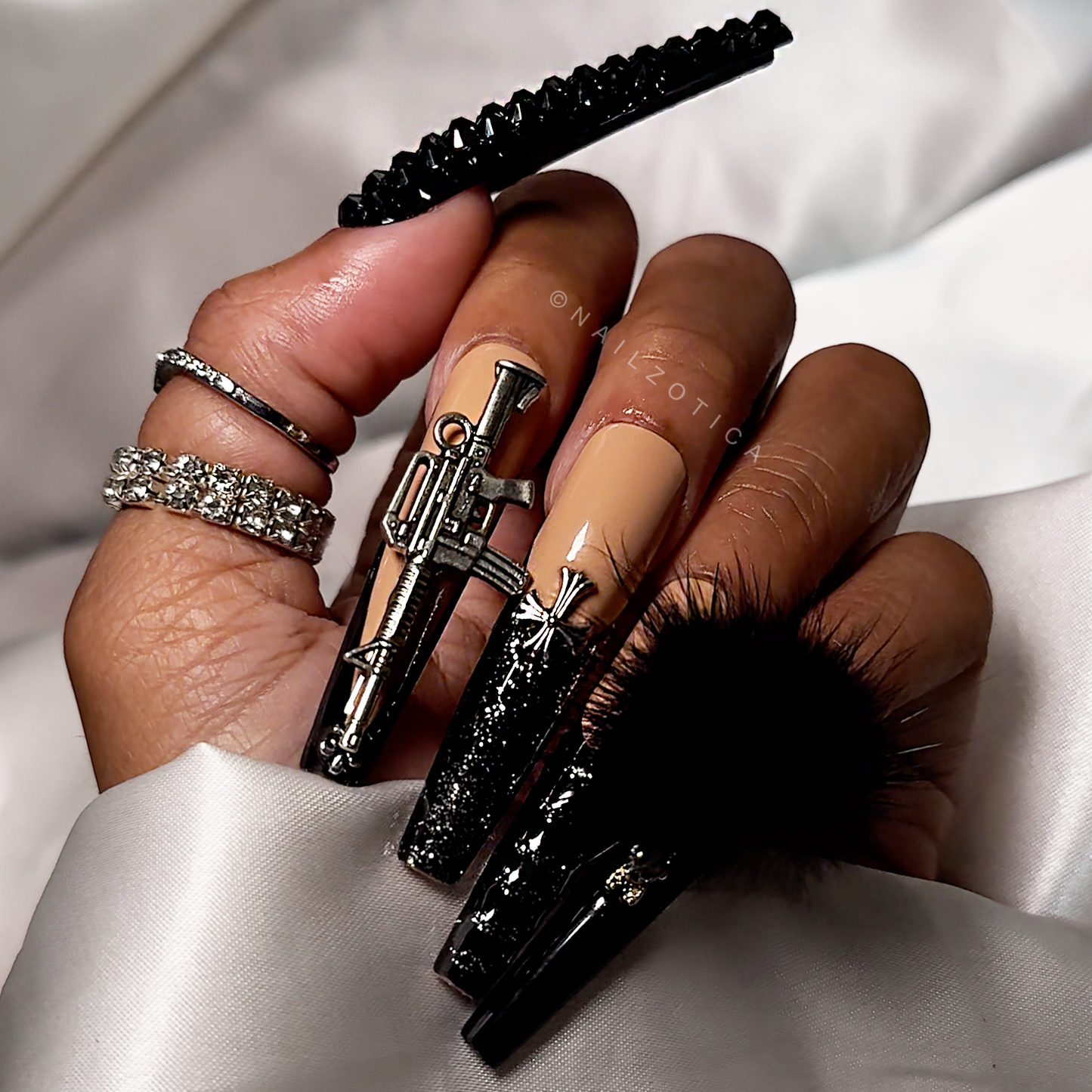 Style Killa - Extra Long Length 55mm Ballerina Shape Silver Glitter Embossed Croc Print Black Rhinestone Cross Gun Teddy Bear Removable Magnetic Pom-Pom Reusable Acrylic Gel UV Hand-Painted High Quality Handmade Luxury Press On Nails