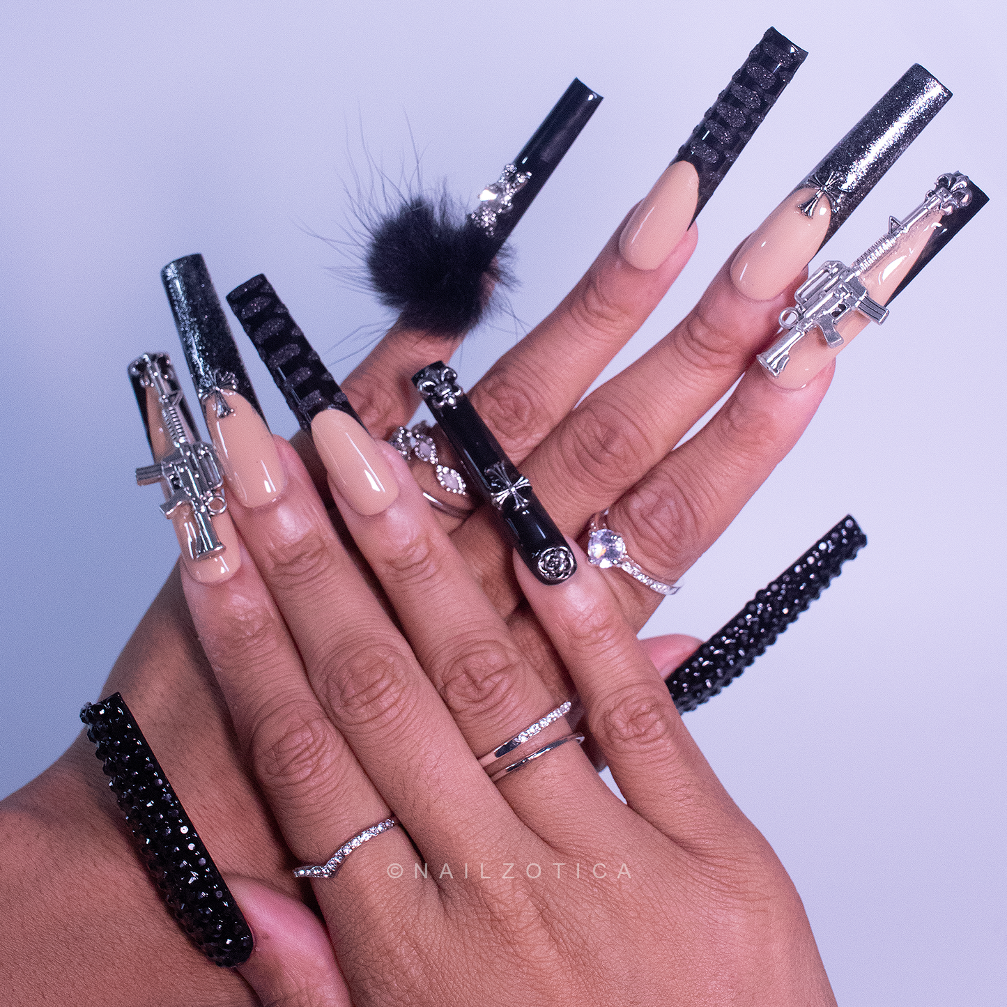 Style Killa - Extra Long Length 55mm Ballerina Shape Silver Glitter Embossed Croc Print Black Rhinestone Cross Gun Teddy Bear Removable Magnetic Pom-Pom Reusable Acrylic Gel UV Hand-Painted High Quality Handmade Luxury Press On Nails