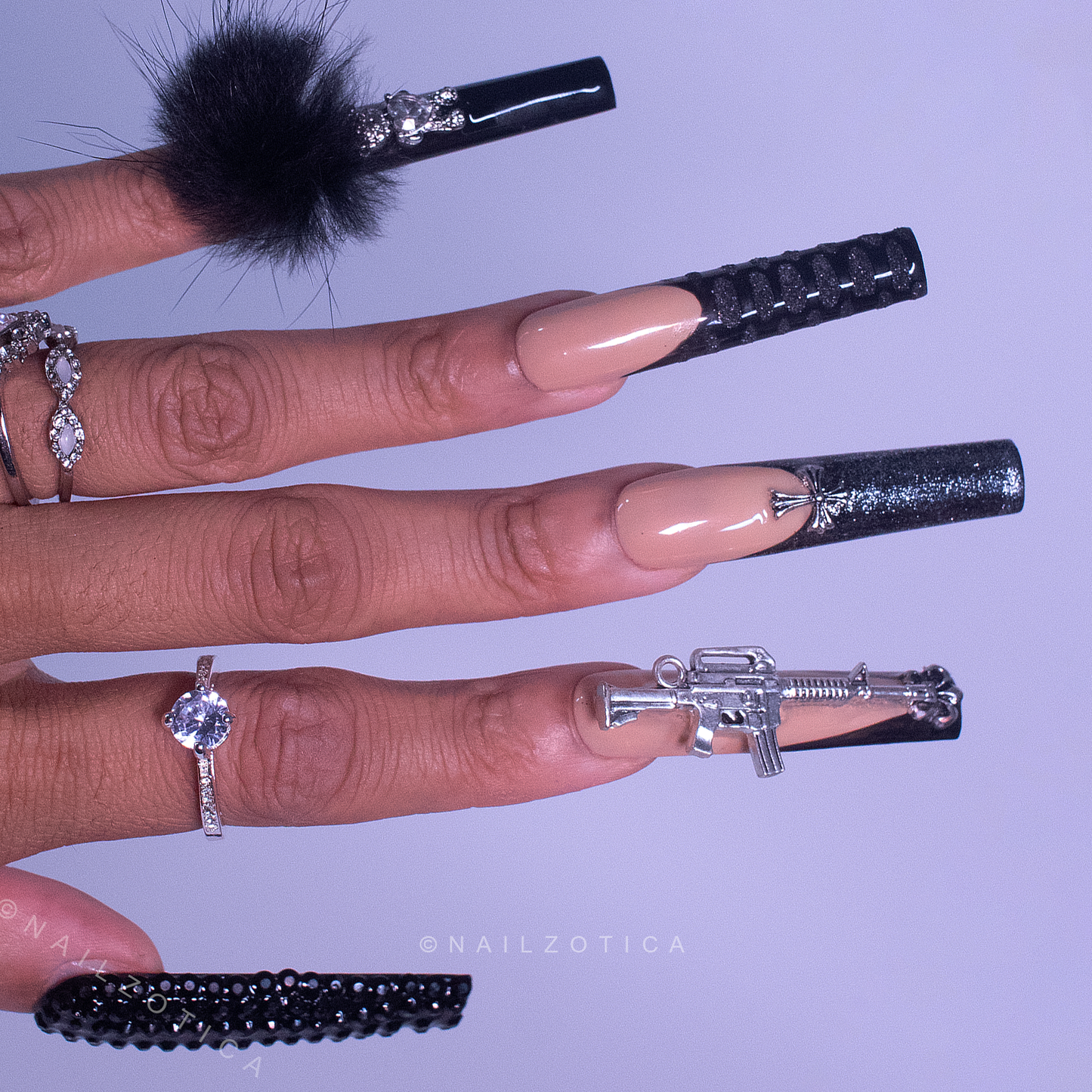 Style Killa - Extra Long Length 55mm Ballerina Shape Silver Glitter Embossed Croc Print Black Rhinestone Cross Gun Teddy Bear Removable Magnetic Pom-Pom Reusable Acrylic Gel UV Hand-Painted High Quality Handmade Luxury Press On Nails