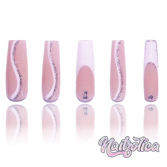 Whimsical White - Long Length 40mm Natural Transparent Beige Base White French Tip Silver Glitter Rhinestone Reusable Acrylic Gel UV Hand-Painted High Quality Handmade Luxury Press On Nails