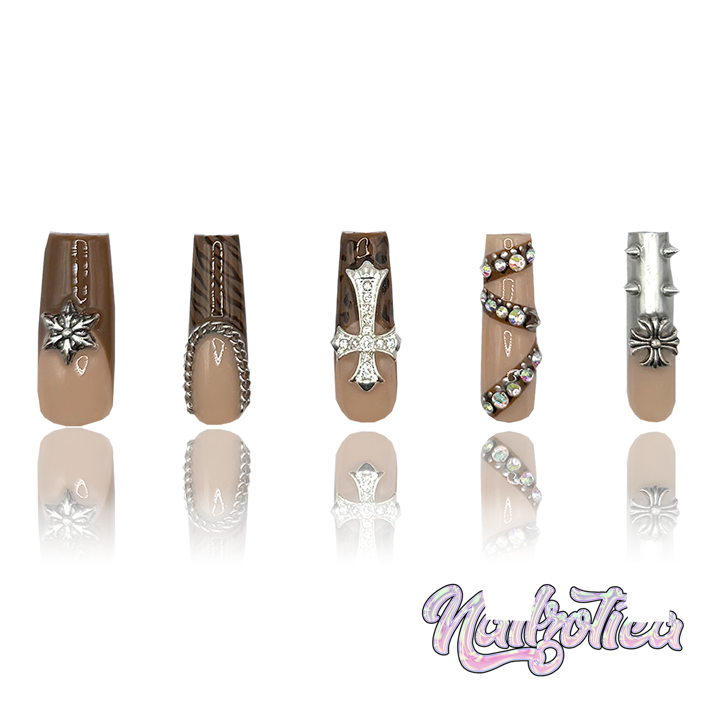 Wild Animal - Medium Length 35mm Square Shape Brown French Tip Spike Silver Rhinestone Cross Charm Reusable Acrylic Gel UV High Quality Handmade Luxury Press On Nails