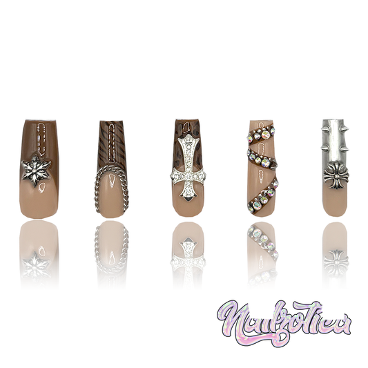 Wild Animal - Medium Length 35mm Square Shape Brown French Tip Spike Silver Rhinestone Cross Charm Reusable Acrylic Gel UV High Quality Handmade Luxury Press On Nails