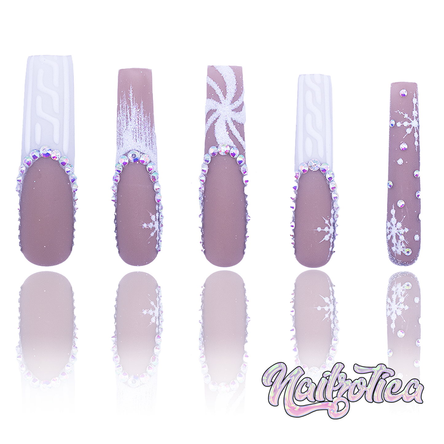 Winter Wonderland - Extra Long Length 55mm Square Shape French Tip Glitter Snowflake Peppermint Swirl Sweater Embossed Print Silver Rhinestone Reusable Acrylic Gel UV Hand-Painted High Quality Handmade Luxury Holiday Edition Christmas Press On Nails