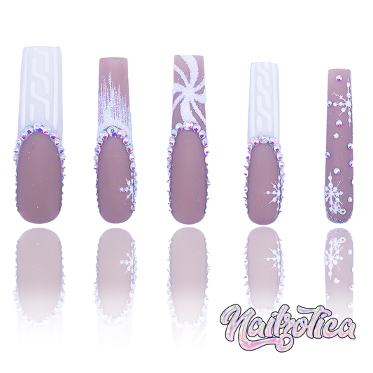 Winter Wonderland - Extra Long Length 55mm Square Shape French Tip Glitter Snowflake Peppermint Swirl Sweater Embossed Print Silver Rhinestone Reusable Acrylic Gel UV Hand-Painted High Quality Handmade Luxury Holiday Edition Christmas Press On Nails